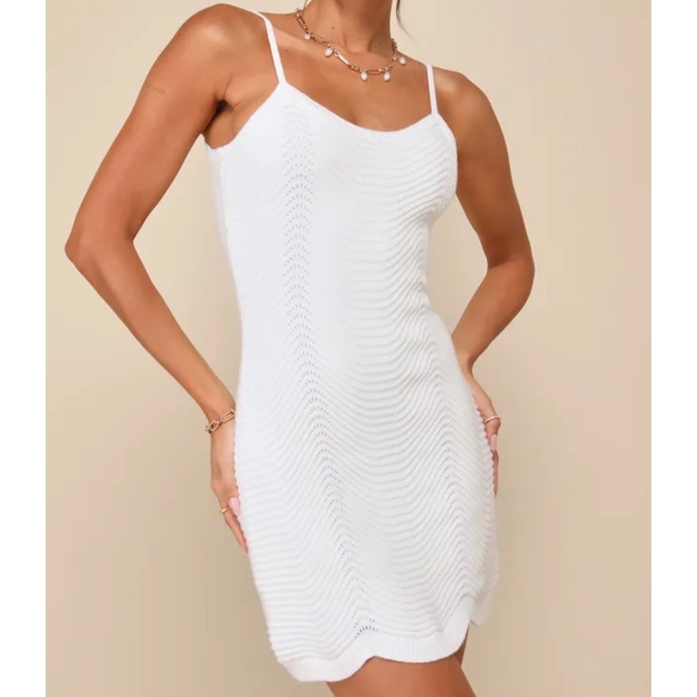 Lulus Mesmerizing Appeal White Pointelle Bodycon Sweater Dress Mini NWT